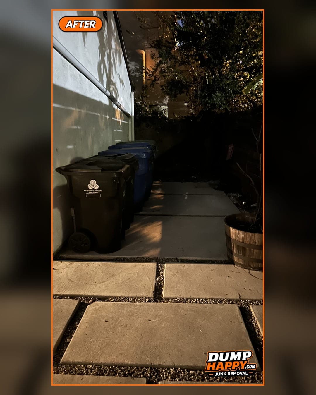 Clear walkway and trash bins after Dump Happy removed the yard waste and green debris