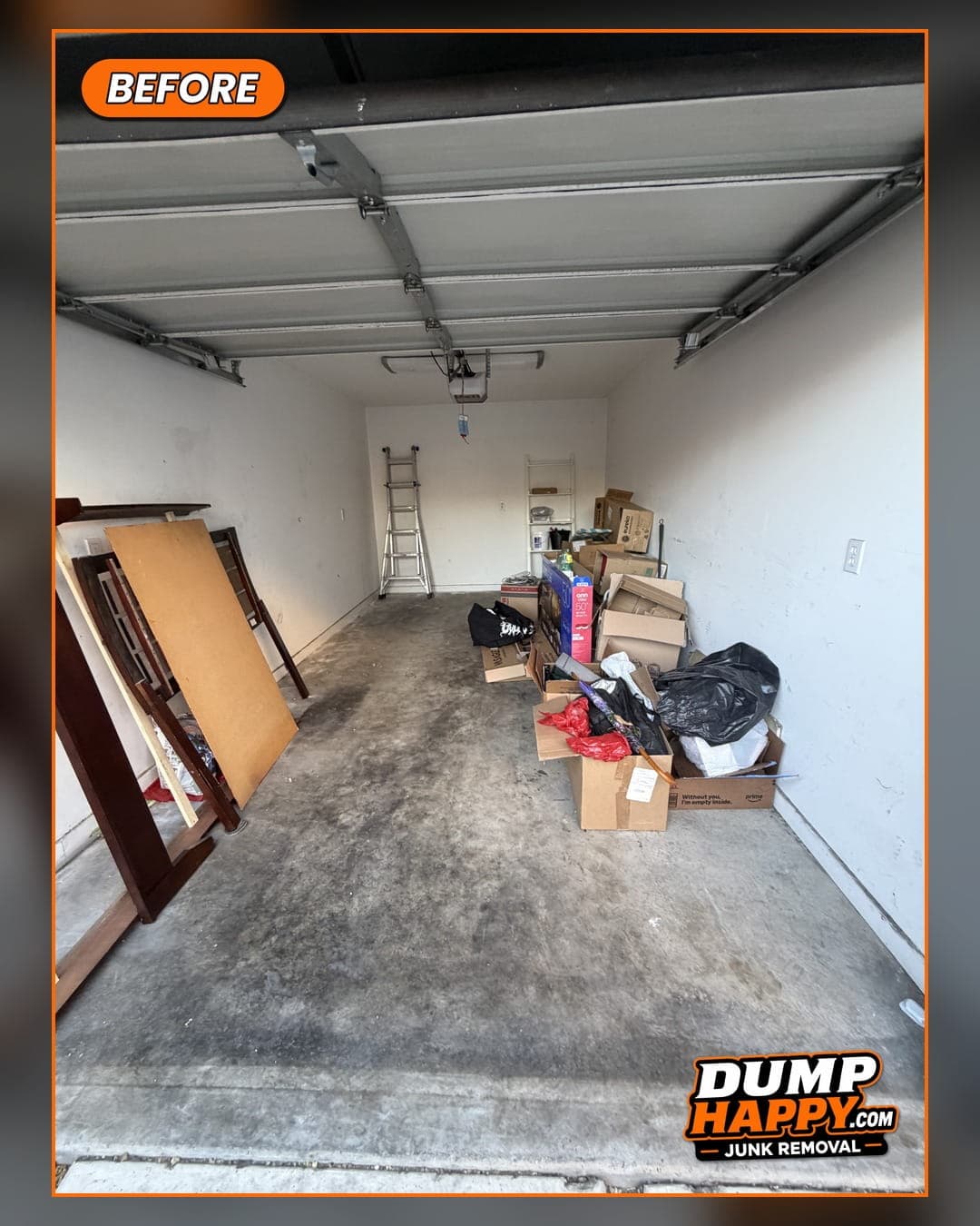 Garage packed with boxes, furniture, and clutter before a Dump Happy garage clean-out