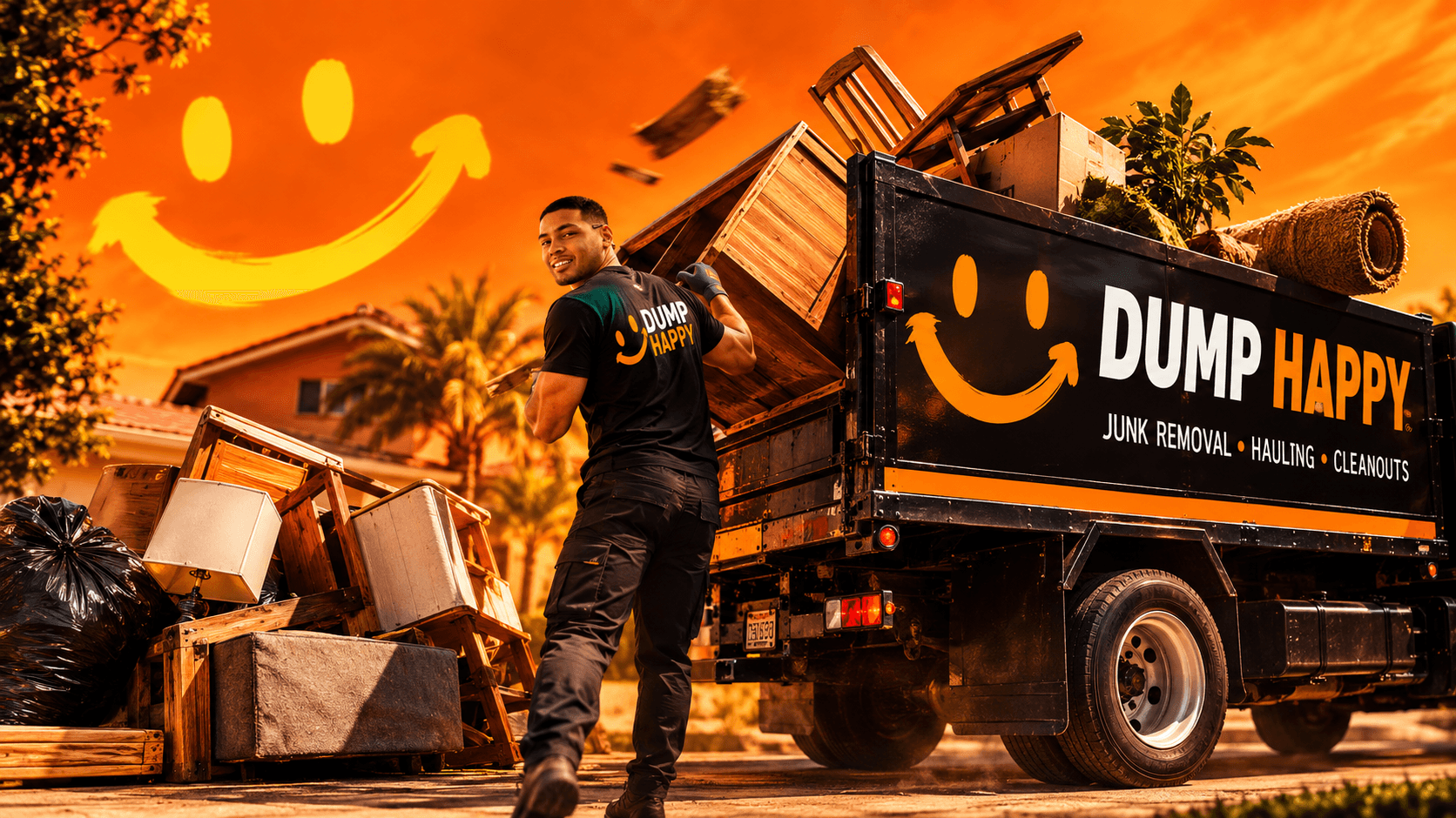 Dump Happy crew member loading a junk-removal truck at sunset